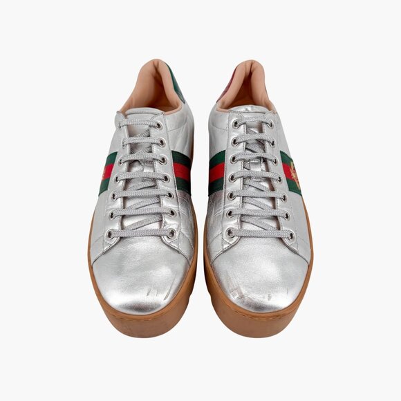 Gucci Ace Bee Silver Leather Platform Low Top Sneakers Shoes Size 41 US 11 Women - Picture 2 of 15